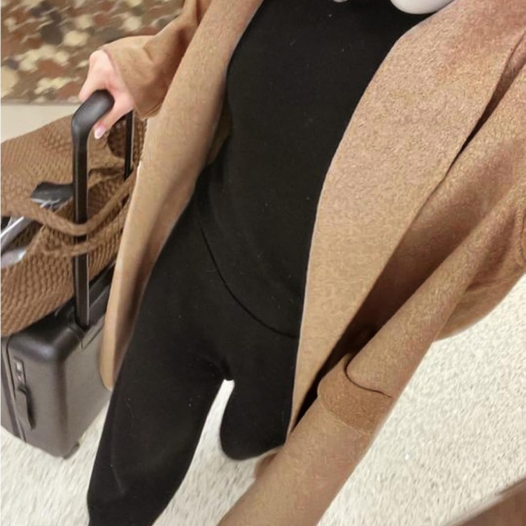 Women's Long Cardigan Wool Coat Open Front Pockets Warm Lapel Jacket Coat 2024 F